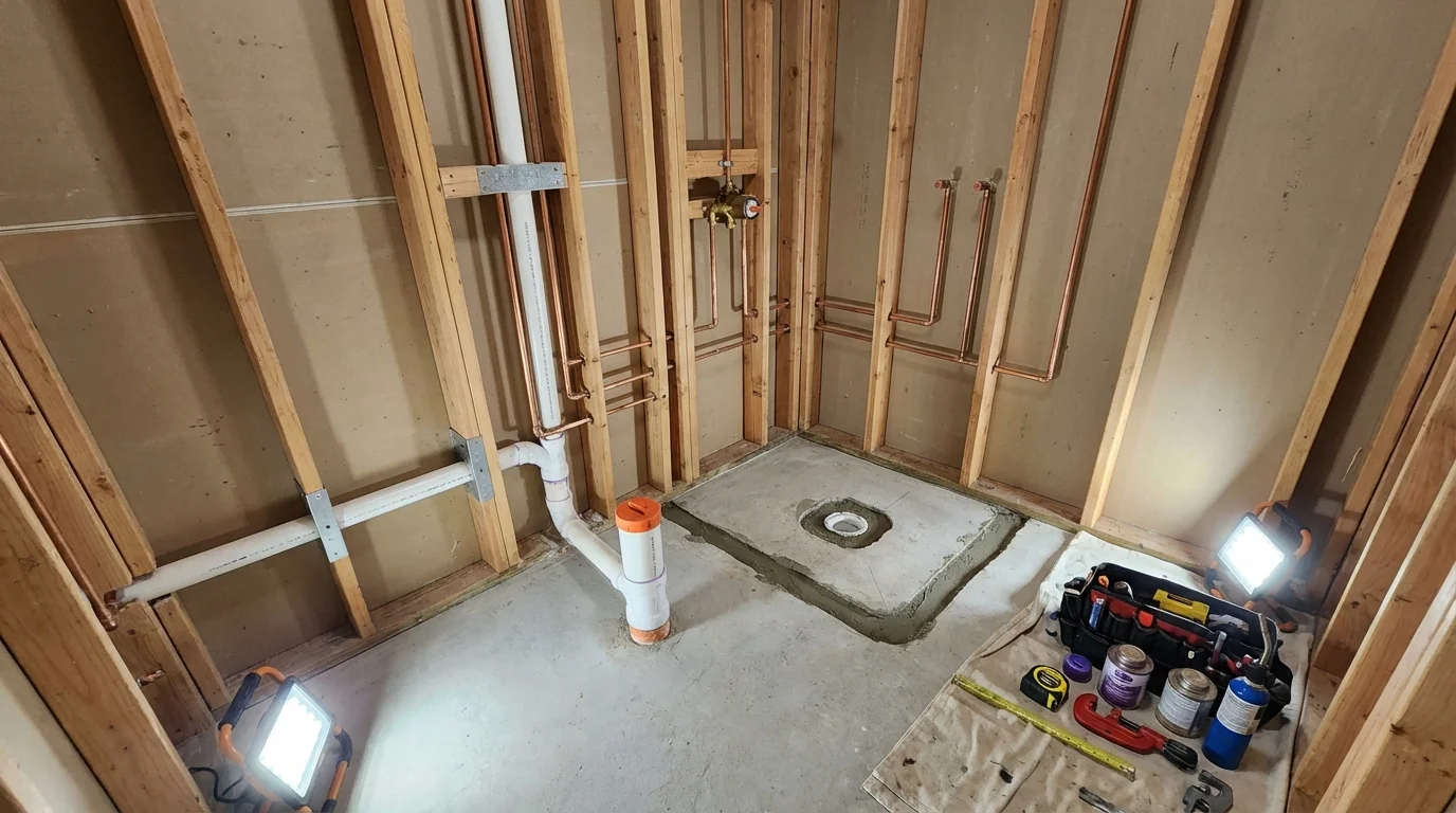 Bathroom rough-in plumbing during remodel by Johns Plumbing LLC in Franklin