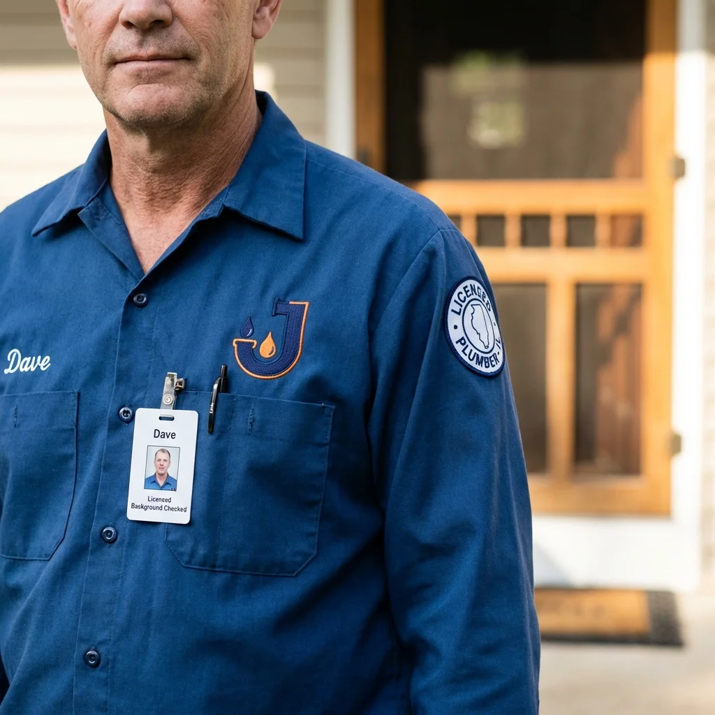 Licensed plumber showing ID badge in Franklin, ME