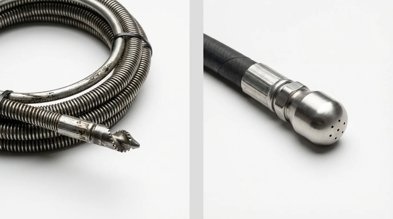 Drain snake cable and hydro jetting nozzle used for drain cleaning in Franklin, ME
