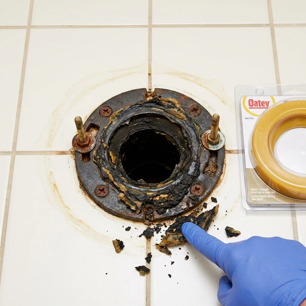 Failed wax ring showing water seepage at the base of a toilet in a Franklin, ME home