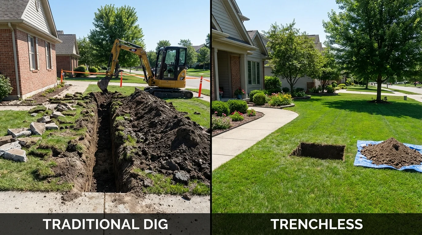 Trenchless sewer repair with minimal yard damage versus traditional excavation in Franklin, ME