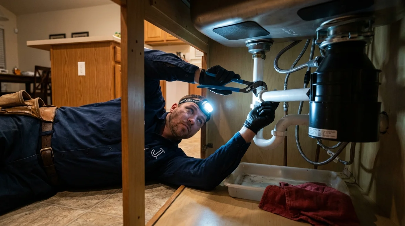 P-trap and supply line connections under a kitchen sink showing a common leak point in Franklin, ME